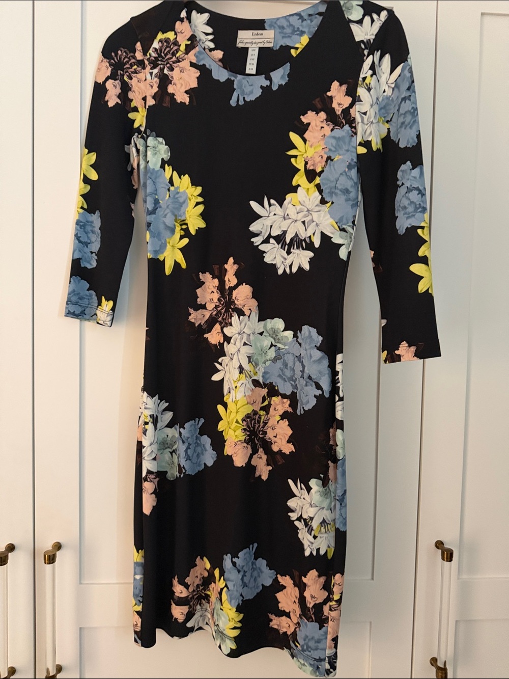 ERDEM Black Floral Midi Dress with Blue, Yellow, Pink and Cream Blooms